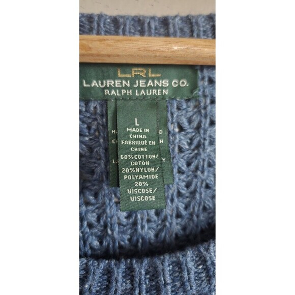 LRL Poncho Sweater Women's Large Blue Open Knit Cotton Blend - Picture 2 of 6